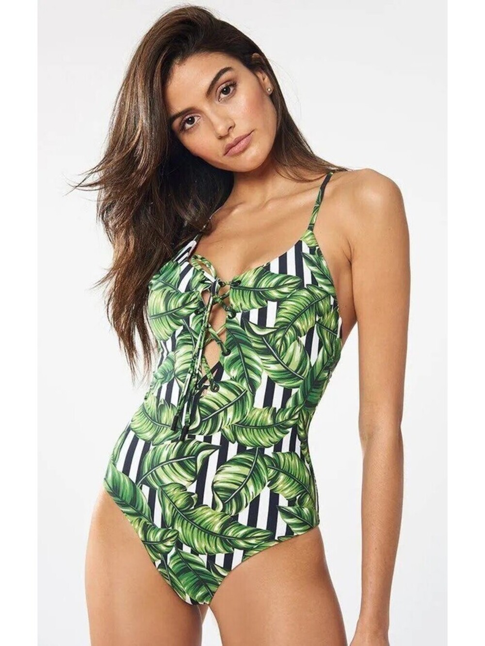 Red Carter Havana Leaf Lace-Up One Piece Green Swimsuit S